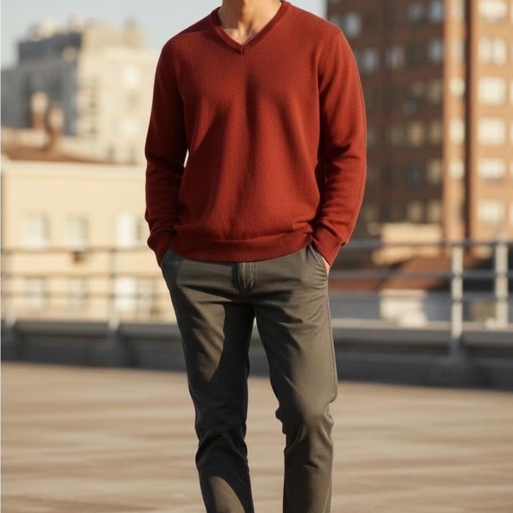 Jos A Bank Signature Collection Men L Italian Merino Wool Orange V Neck Sweater